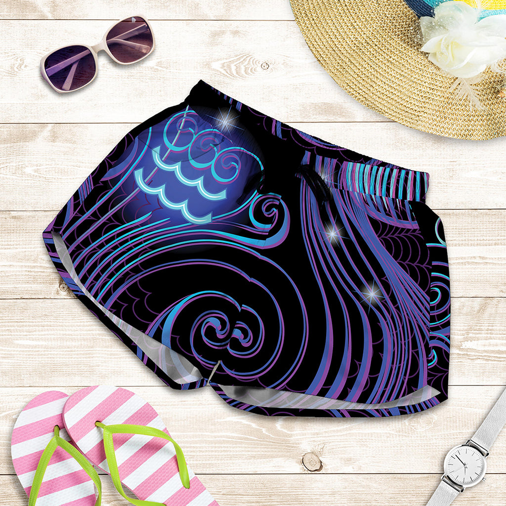 Dark Aquarius Zodiac Sign Print Women's Shorts