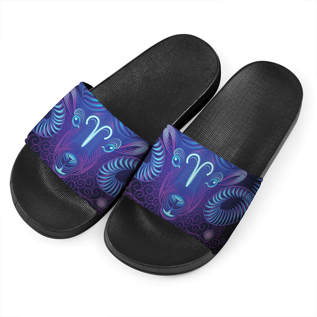 Dark Aries Zodiac Sign Print Black Slide Sandals