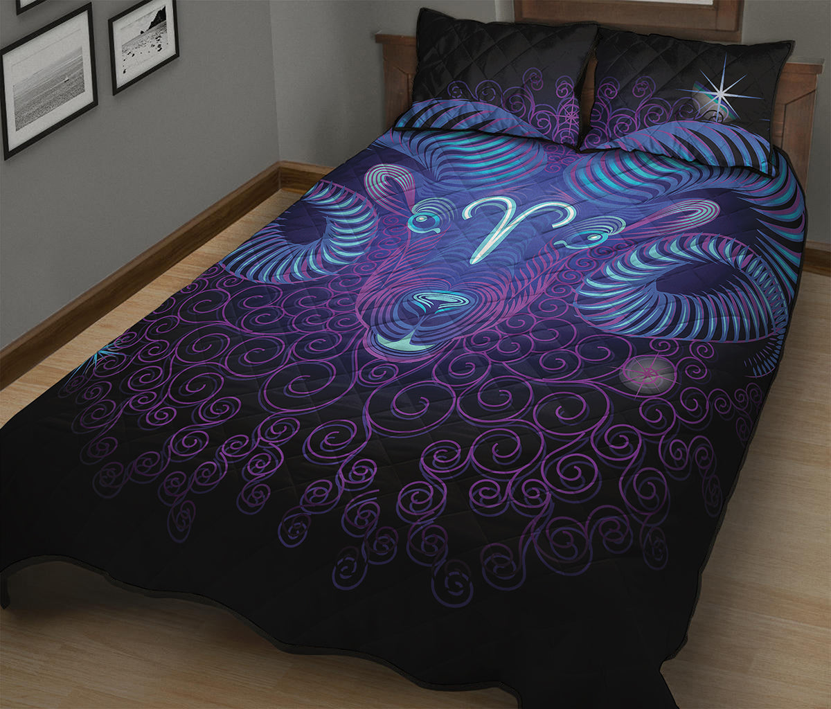 Dark Aries Zodiac Sign Print Quilt Bed Set