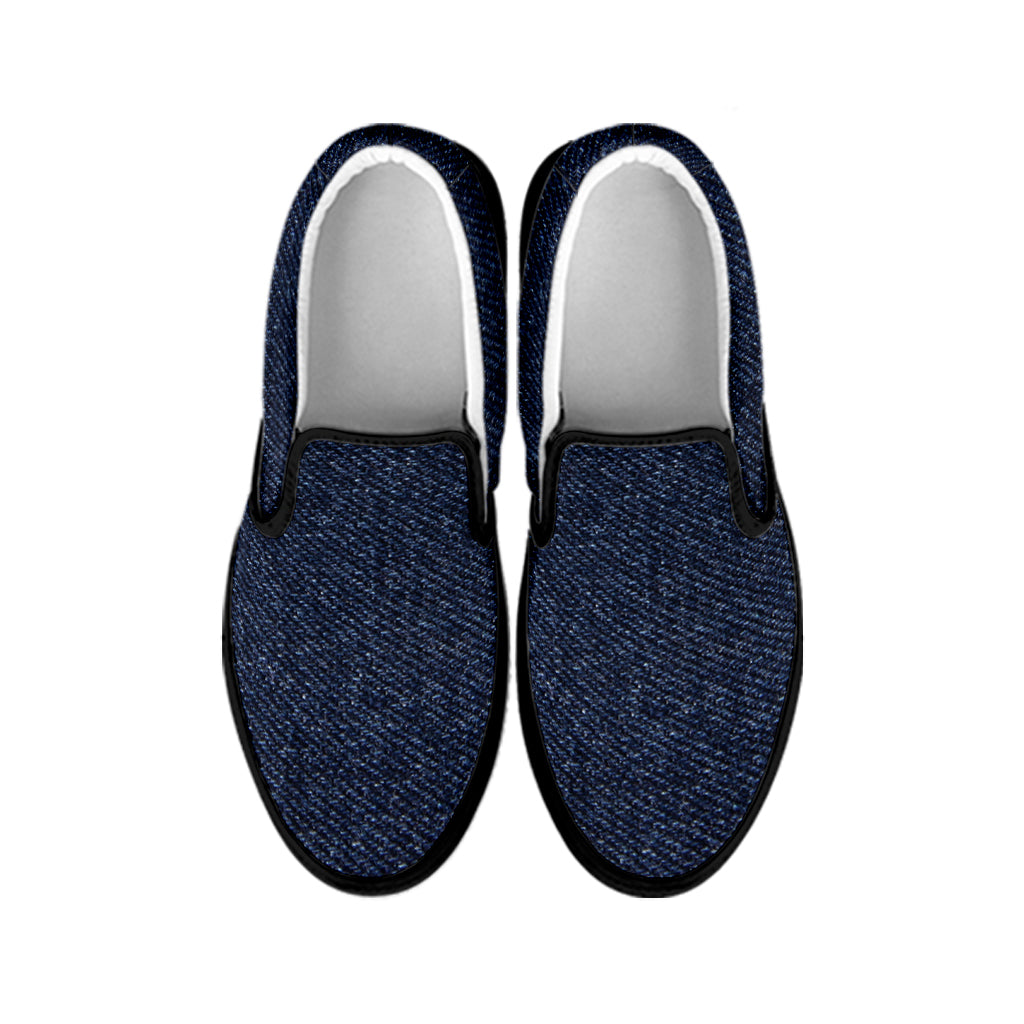Dark Blue Denim Jeans Print Black Slip On Shoes