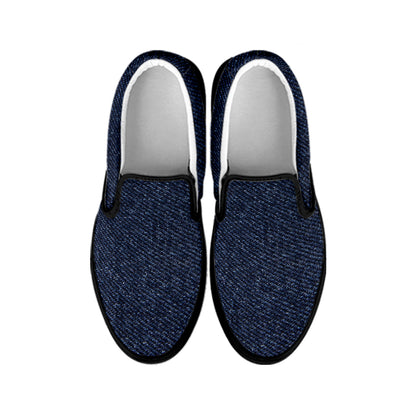 Dark Blue Denim Jeans Print Black Slip On Shoes