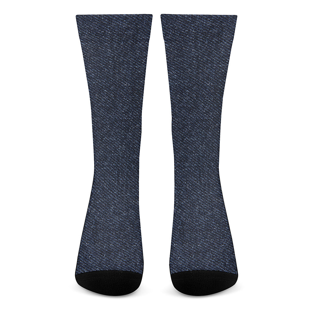 Dark Blue Denim Jeans Print Crew Socks