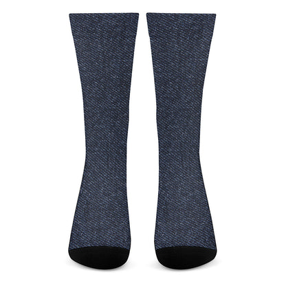 Dark Blue Denim Jeans Print Crew Socks