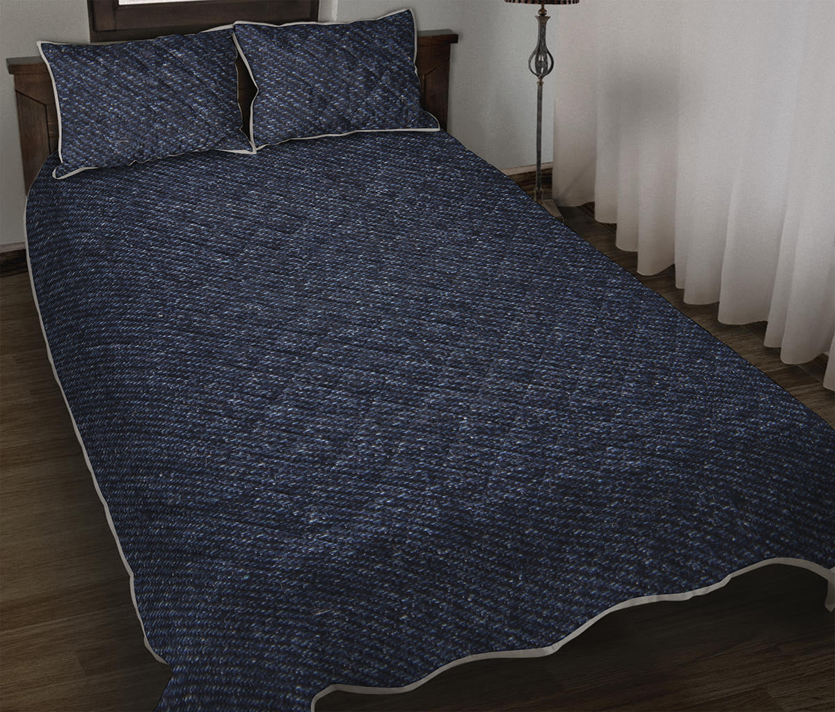 Dark Blue Denim Jeans Print Quilt Bed Set