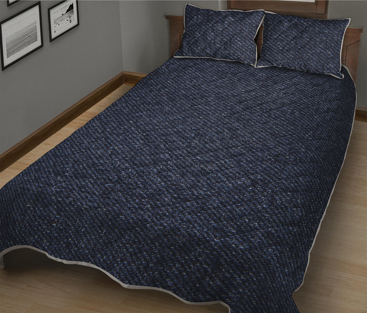 Dark Blue Denim Jeans Print Quilt Bed Set