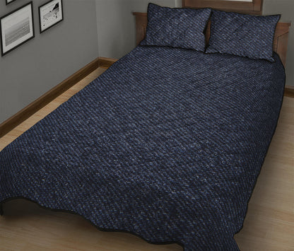Dark Blue Denim Jeans Print Quilt Bed Set