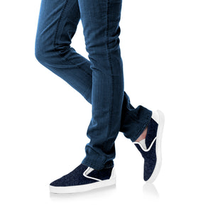 Dark Blue Denim Jeans Print White Slip On Shoes