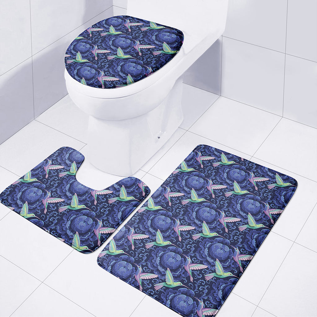 Dark Blue Floral Hummingbird Print 3 Piece Bath Mat Set