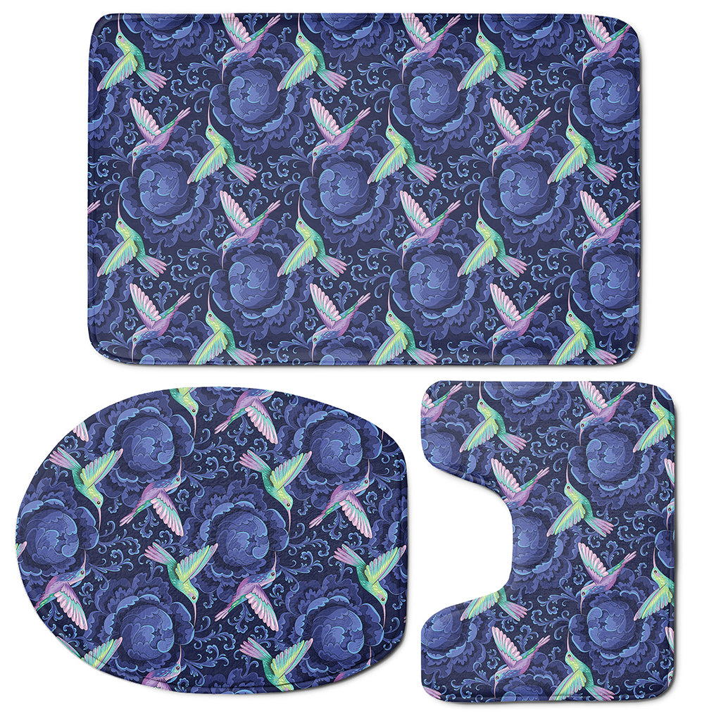 Dark Blue Floral Hummingbird Print 3 Piece Bath Mat Set