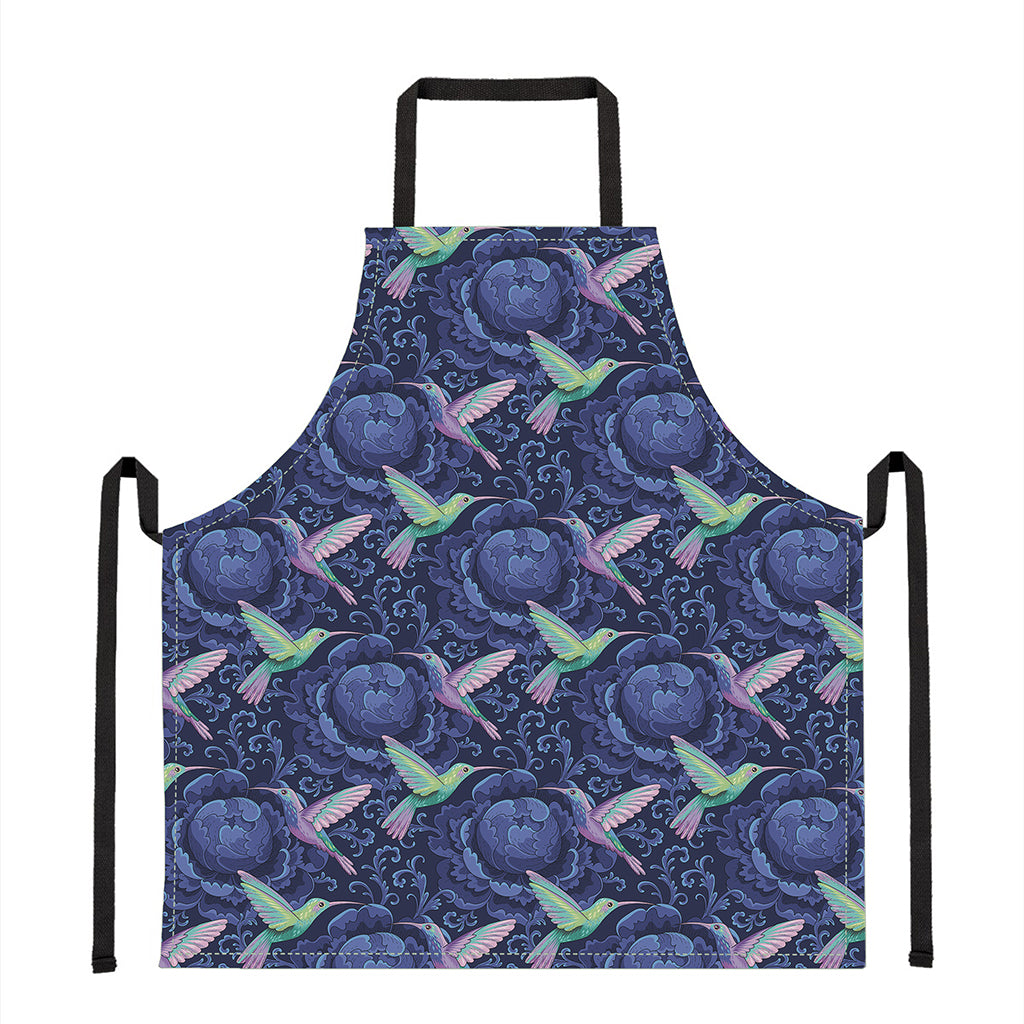 Dark Blue Floral Hummingbird Print Apron