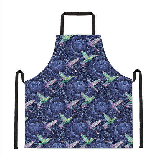 Dark Blue Floral Hummingbird Print Apron