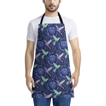 Dark Blue Floral Hummingbird Print Apron