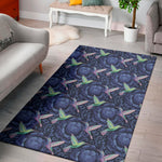 Dark Blue Floral Hummingbird Print Area Rug