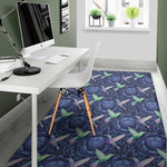 Dark Blue Floral Hummingbird Print Area Rug