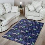 Dark Blue Floral Hummingbird Print Area Rug