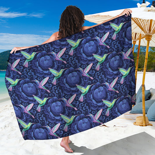 Dark Blue Floral Hummingbird Print Beach Sarong Wrap