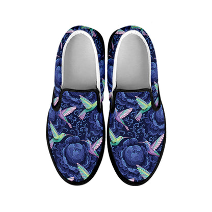 Dark Blue Floral Hummingbird Print Black Slip On Shoes