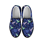 Dark Blue Floral Hummingbird Print Black Slip On Shoes