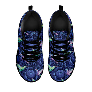 Dark Blue Floral Hummingbird Print Black Sneakers