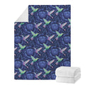 Dark Blue Floral Hummingbird Print Blanket