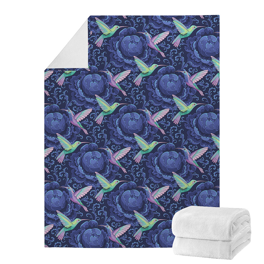 Dark Blue Floral Hummingbird Print Blanket