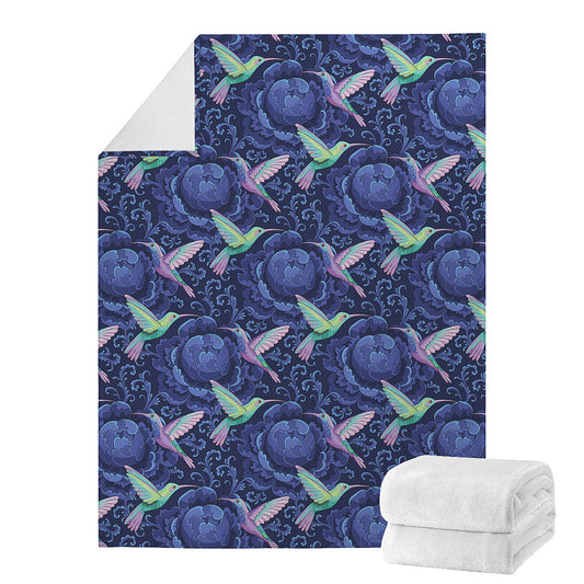 Dark Blue Floral Hummingbird Print Blanket