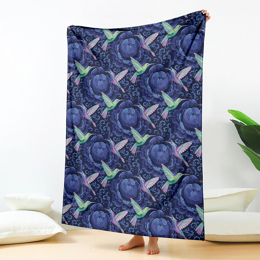 Dark Blue Floral Hummingbird Print Blanket