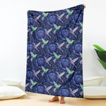 Dark Blue Floral Hummingbird Print Blanket