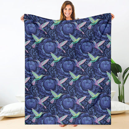 Dark Blue Floral Hummingbird Print Blanket