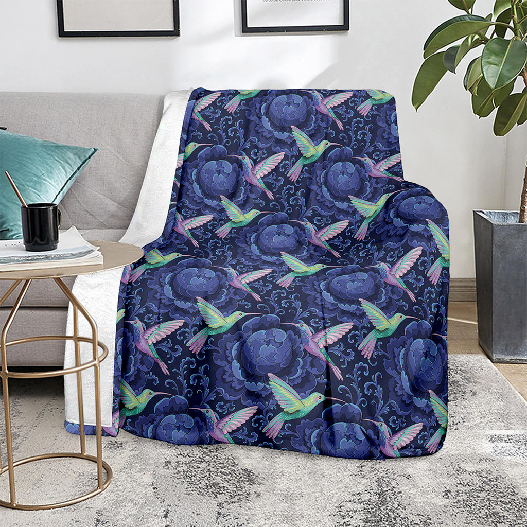 Dark Blue Floral Hummingbird Print Blanket