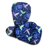 Dark Blue Floral Hummingbird Print Boxing Gloves