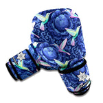 Dark Blue Floral Hummingbird Print Boxing Gloves