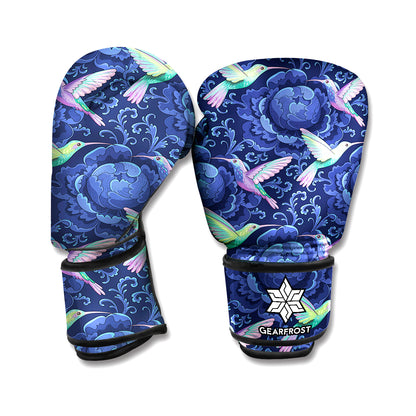 Dark Blue Floral Hummingbird Print Boxing Gloves