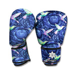 Dark Blue Floral Hummingbird Print Boxing Gloves