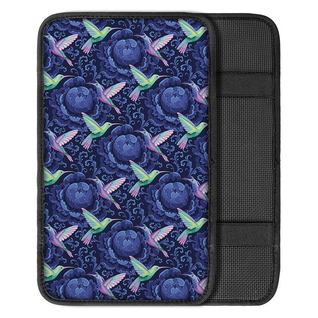Dark Blue Floral Hummingbird Print Car Center Console Cover