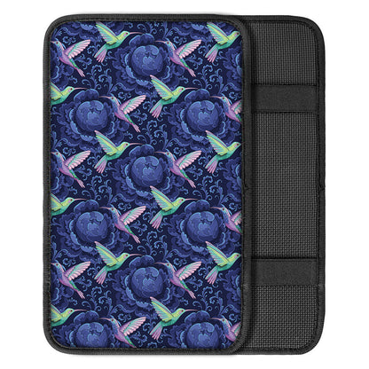 Dark Blue Floral Hummingbird Print Car Center Console Cover