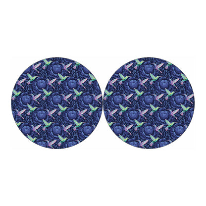 Dark Blue Floral Hummingbird Print Car Coasters