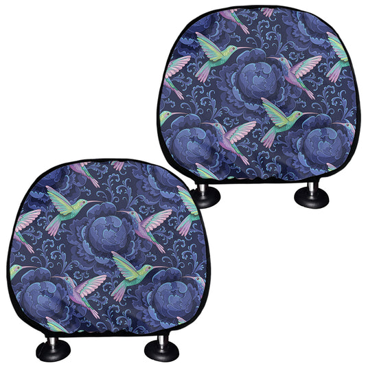 Dark Blue Floral Hummingbird Print Car Headrest Covers