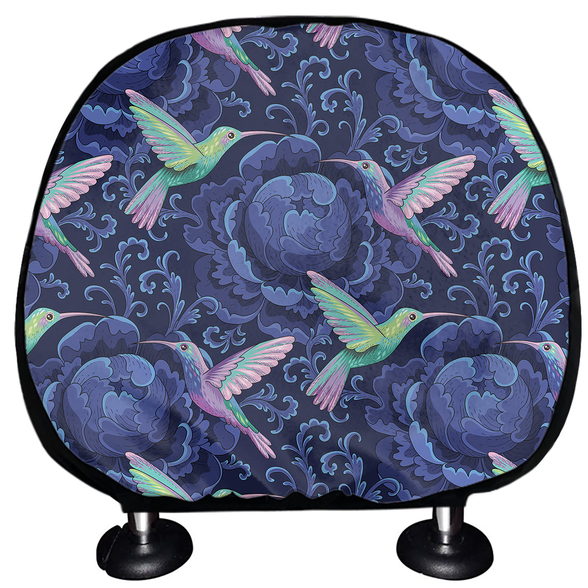 Dark Blue Floral Hummingbird Print Car Headrest Covers