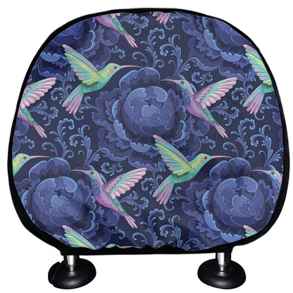 Dark Blue Floral Hummingbird Print Car Headrest Covers
