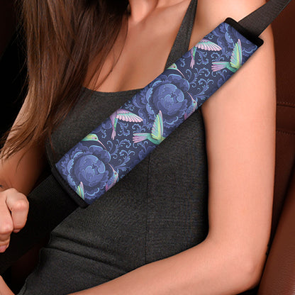 Dark Blue Floral Hummingbird Print Car Seat Belt Covers