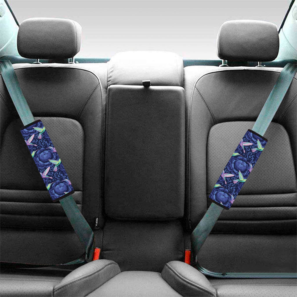 Dark Blue Floral Hummingbird Print Car Seat Belt Covers