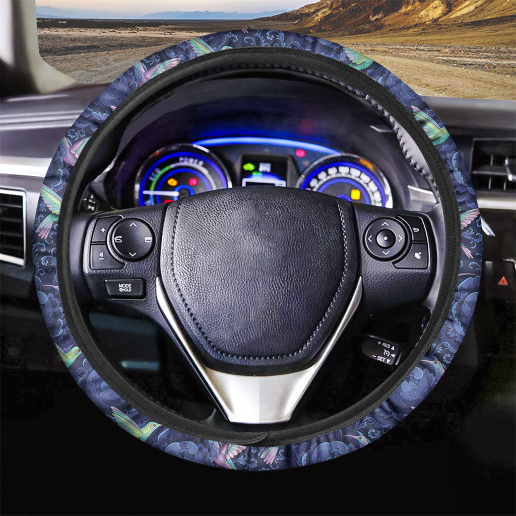 Dark Blue Floral Hummingbird Print Car Steering Wheel Cover