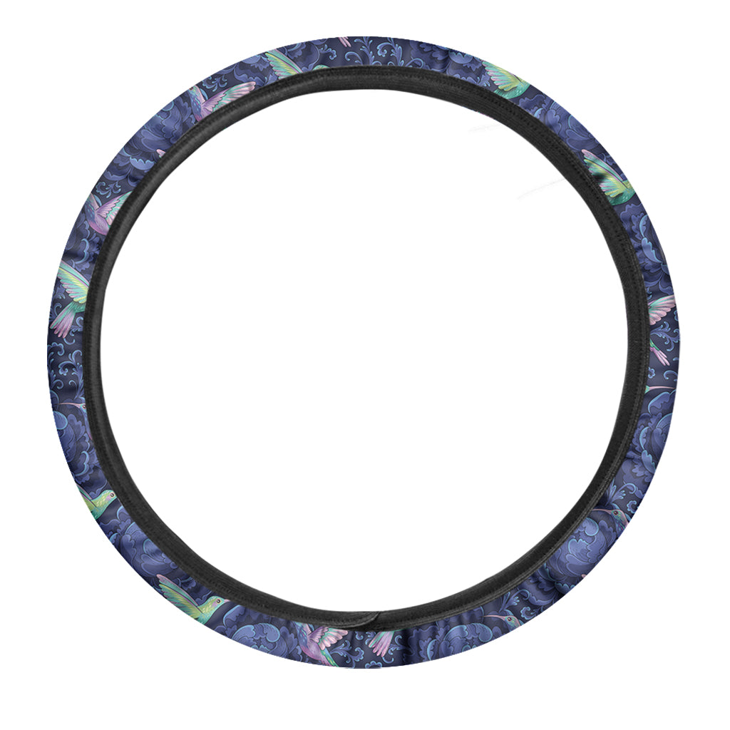 Dark Blue Floral Hummingbird Print Car Steering Wheel Cover