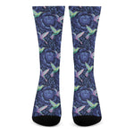 Dark Blue Floral Hummingbird Print Crew Socks