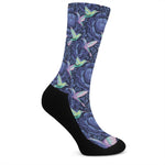 Dark Blue Floral Hummingbird Print Crew Socks