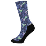Dark Blue Floral Hummingbird Print Crew Socks