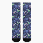 Dark Blue Floral Hummingbird Print Crew Socks