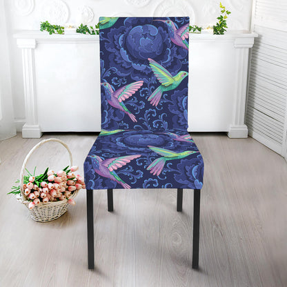 Dark Blue Floral Hummingbird Print Dining Chair Slipcover
