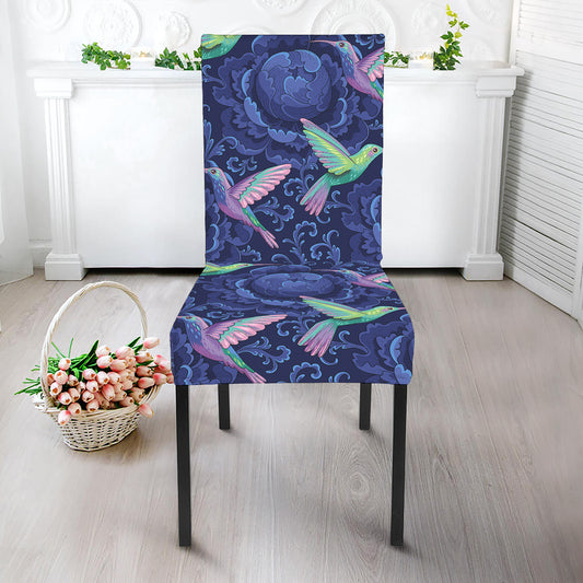 Dark Blue Floral Hummingbird Print Dining Chair Slipcover